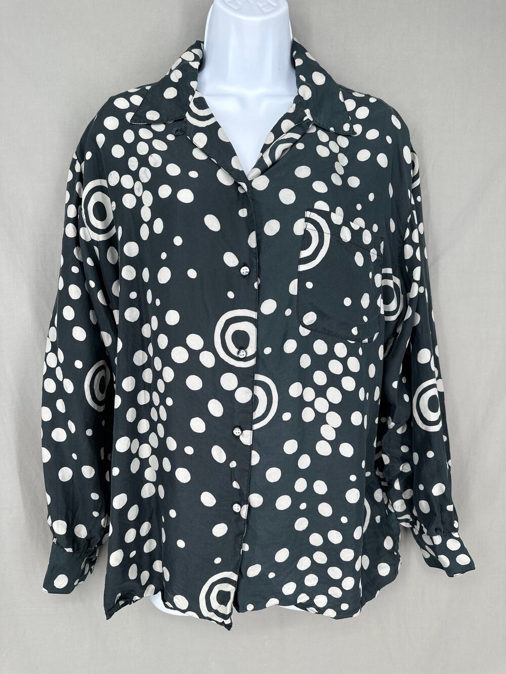 90s Vintage Top Shirt Womens Medium Black Silk Button Artsy Polka Dot
